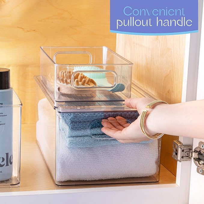 primebox Plastic Clear Stackable Storage Bins with Lids. Great for Pantry or Kitchen Organization. Fridge Organization Containers. Cabinet, Bathroom Organizer. 4 Pack