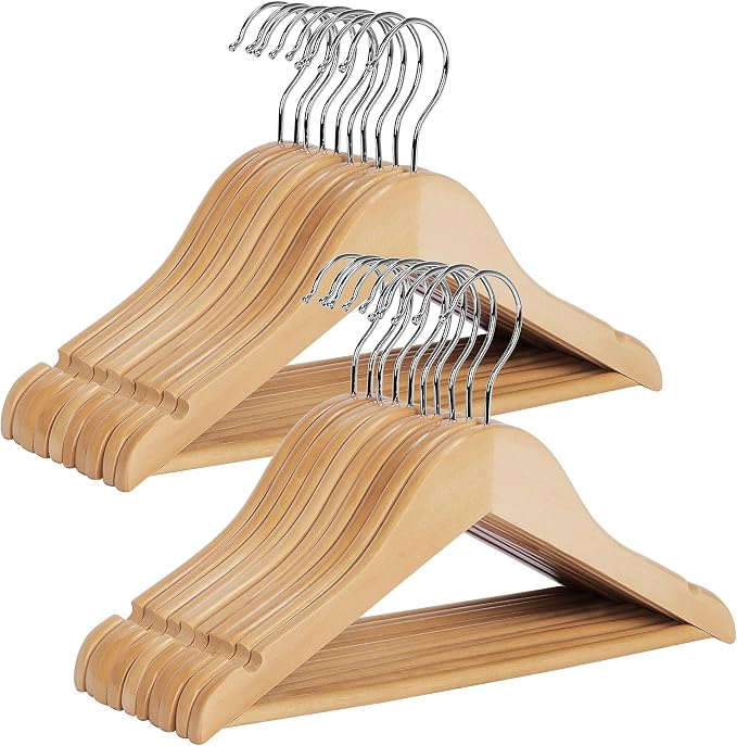 StorageWorks Baby Hangers 20 Pack, Maple Wood Clothes Organizer for Toddler, Kids Wooden Hanger with Pant Bar for Closet, Natural Maple Wood Color
