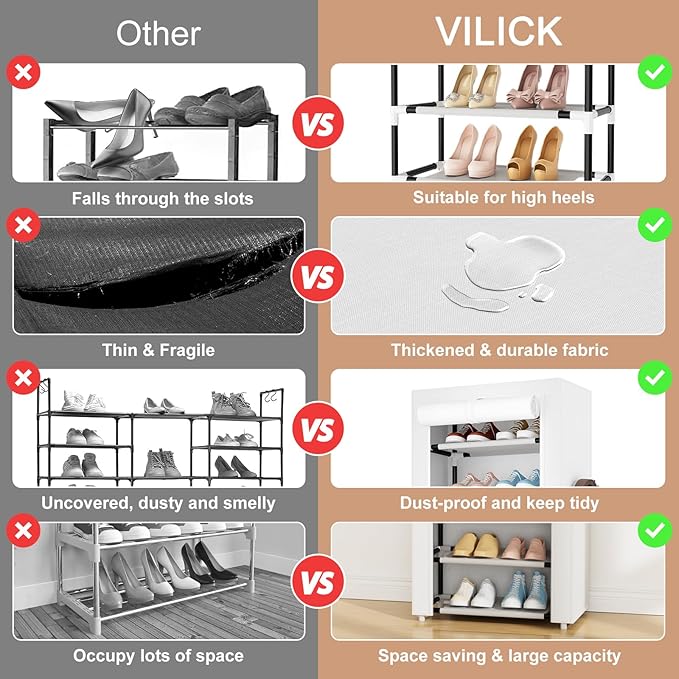 VILICK Shoe Rack with Cover Narrow Shoe Rack Organizer with 4 Side Pockets 10 Tier Tall Shoe Storage Shoe Shelf Holds 18-22 Pairs Shoes and Boots Shoe Rack for Closet, Printing
