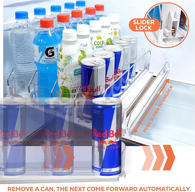 Self Pushing Drink Organizer for Fridge - 5 Rows, Upgraded Design Soda Can Organizer for Refrigerator with Larger Stopper Height & Locking Feature, Can Dispenser for Fridge, Holds 25-30 Cans | Maximizes Refrigerator Space