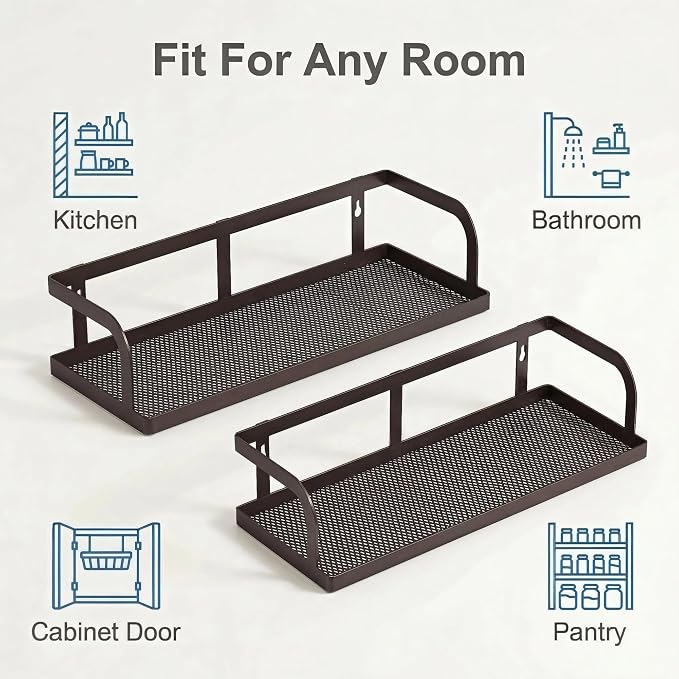 PUSDON 2-Pack 16.5" Extra Long Slim Hollowout Shower Caddy, Wall Mount Spice Rack & Bathroom Organizer, Mesh Bottom Cabinet Door Shelf Holds 50LBS - Vintage Bronze, Hollowout