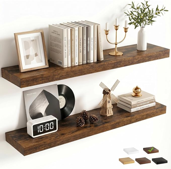 FLYJOE 32 Inch Floating Shelves for Wall Set of 2, 6.5" D Wood Grain Bathroom Shelves with Invisible Brackets, Easy Install Engineered Wood Storage Shelves for Kitchen, Living Room, Bedroom