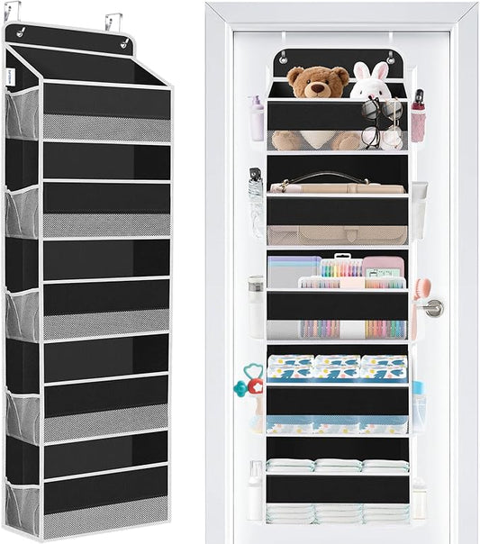 WISELIFE Over the Door Organizer - 5 Shelves Large Capacity Hanging Bedroom Storage Solution with Side Pockets for Dorm Bathroom Pantry Nursery and Baby Essentials Holds up to 40 Lbs Black