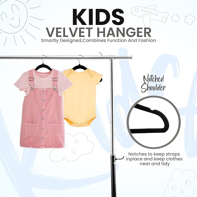 Utopia Home Kids Velvet Hanger 150 Pack – 11" Premium Baby Hangers - Black | Premium Non-Slip Baby Hangers for Baby and Toddlers, Durable Ultra-Slim Space-Saving Closet Organizers