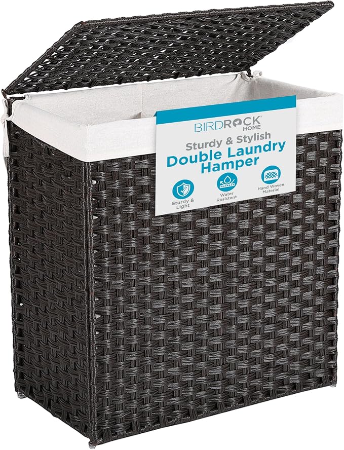 BIRDROCK HOME Divided Laundry Hamper with Lid - Brown - Double Sorter with Liner Bags - Large Collapsible Hampers - Foldable Bin - Synthetic PE Rattan - Hand Woven - Clothes Basket