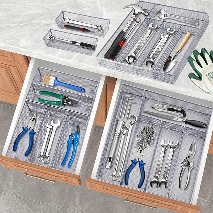 Neudeco Drawer Organizer Set, Silver Mesh, 6 Pack | 5-Compartment Silverware Tray, 5 Utensil Trays, Non-Slip, For Flatware, Cutlery, Office Supplies