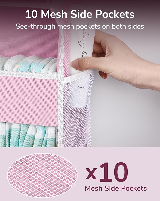 ULG 1 Pack Over Door Organizer with 5 Large Pockets 10 Mesh Side Pockets, 44 lbs Weight Capacity Hanging Storage Organizer with Clear Window Kids Toys, Shoes, Diapers, Pink