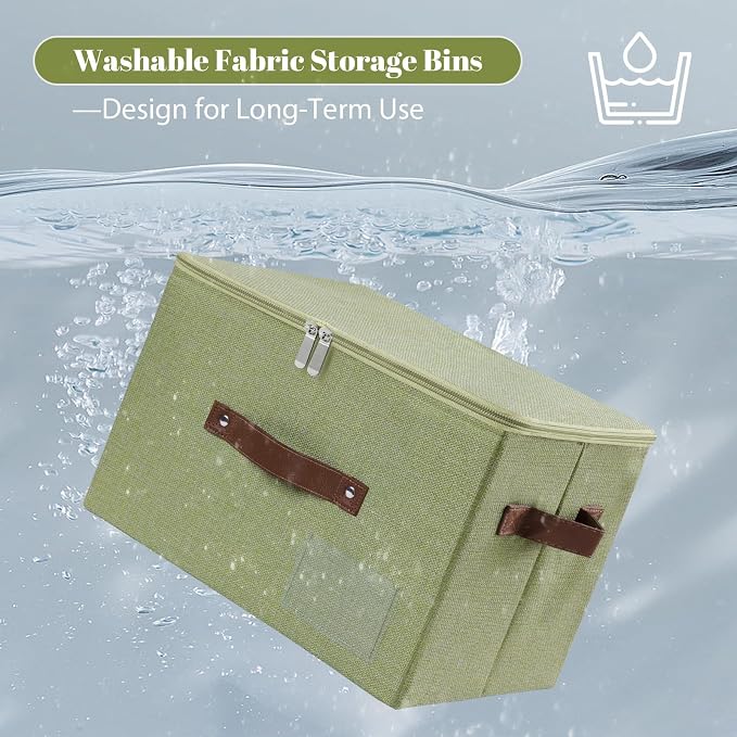 ANMINY Storage Bins with Zipper Lid Storage Boxes with Label Holder PU Leather Handles Washable Foldable Decorative Lidded Cotton Linen Fabric Cubes Baskets Closet Organizer - Green, Medium