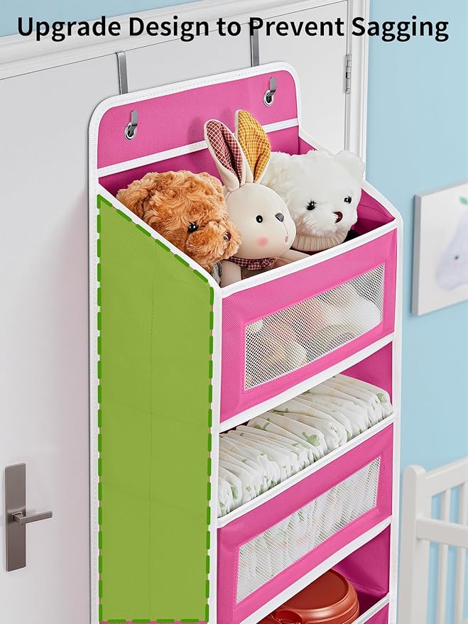 JARLINK Over The Door Organizer Storage, 5 Shelf Hanging Door Organizer with 5 Large Capacity Pockets, Anti Tilt 44 lb Load Behind Door Storage for Bedroom, Bathroom, Pantry, Nursery, (Pink)