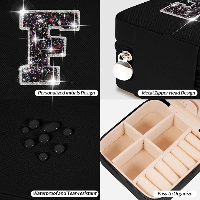 Uygafly Personalized Jewelry Case for Women Girls - Fashion Mini Jewelry Boxes - Trendy Travel Jewelry Organizer with Initials Letter - Teen Gifts | Black,F