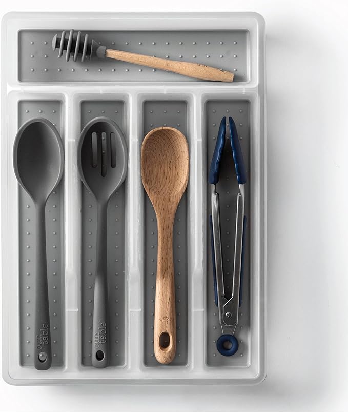 BINO | 5-Slot Silverware Organizer | Small Frosted Cutlery Tray | Silverware Storage for Drawer | BPA-Free Plastic Organizers with Soft-Grip Lining and Rounded Corners
