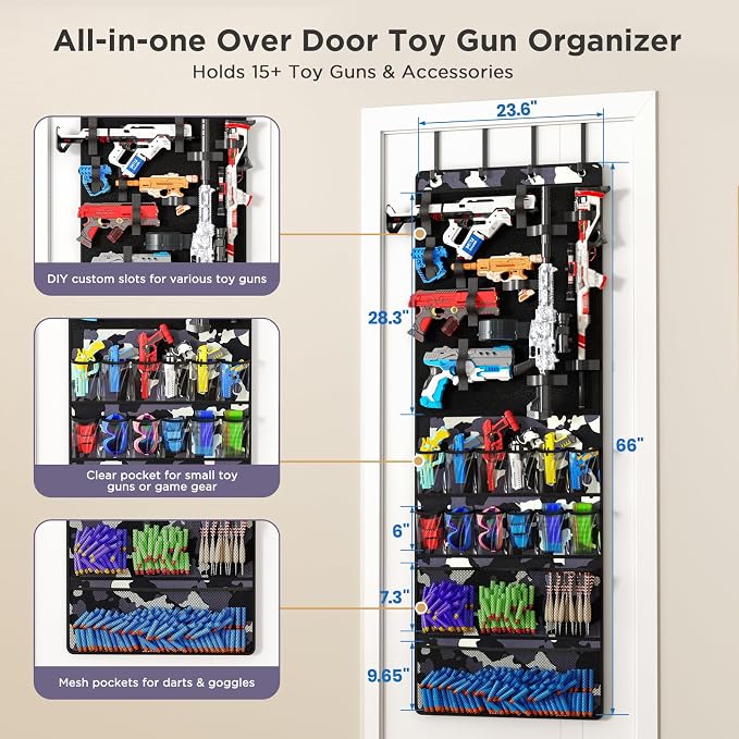 Over the Door Organizer for Toy Guns, Hanging Toy Guns Storage Organizer with Pockets and Slots for Kids Foam Blasters, Darts, Goggles, Toys Storage Door Hanger for Kids Rooms, Game Rooms, Camouflage
