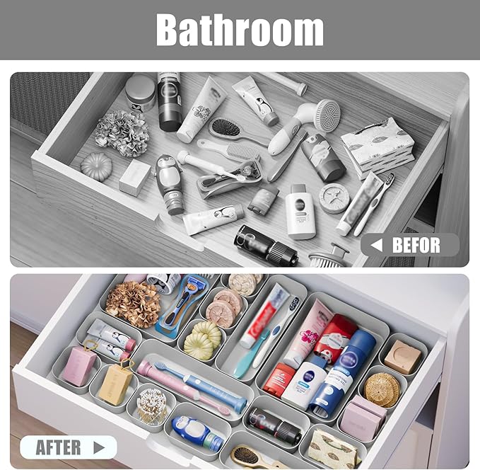 Drawer Organizers Bins 18 PCS for Bathroom Makeup Desk Office | with Non-slip Pads, 4 Sizes, Plastic Tray, Vanity Organizer, Kitchen Utensils Organizer