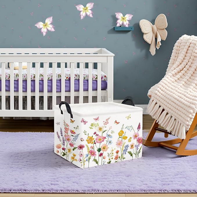 Rectangular Baby Girls Basket Kids Baby Storage Basket Cute Storage Bin Organizer Shelf Book Flower Room Decor(Butterfly Flower)