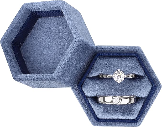DesignSter Hexagon Velvet Ring Box - Premium Gorgeous Vintage Double Ring Display Holder with Detachable Lid for Proposal, Engagement, Wedding, Ceremony (Sapphire blue)