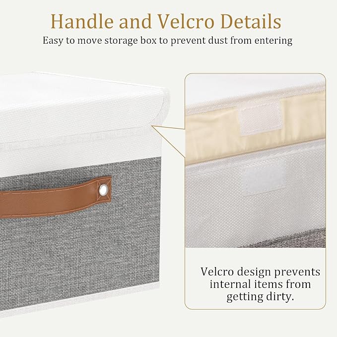 OUTBROS Large Fabric Storage Box with Lids, Foldable Linen Wardrobe Containers, Organiser For Towels, Clothes, 17.7 x 11.8 x 11.8 inch (White/Grey, 1-Pack) | Foldable Linen Wardrobe Containers, Organiser For Towels, Clothes