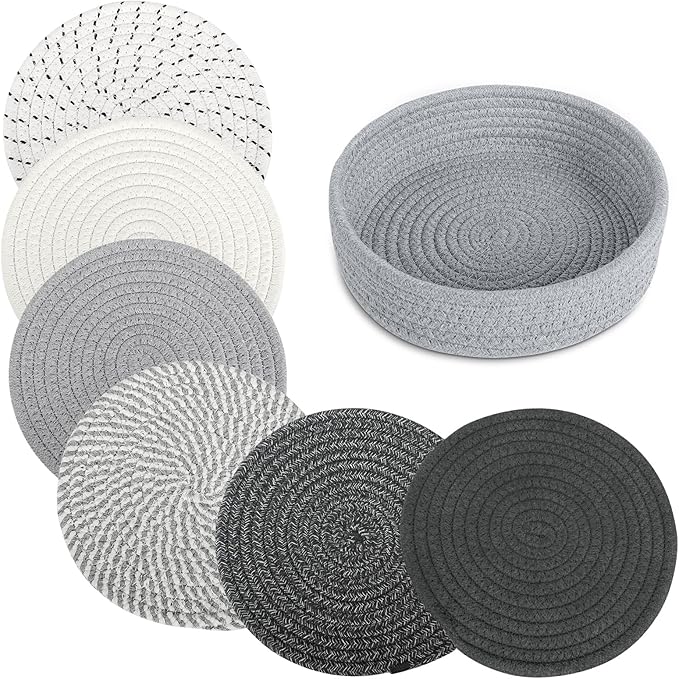 8 Inch Trivets for Hot Dishes, 6 Pcs Cotton Hot Pads with Basket | Large 8-inch cotton trivets for hot pots and dishes; basket adds easy storage and farmhouse style