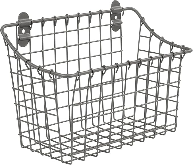 Spectrum Large Wall Mounted Wire Basket Industrial Gray Kitchen Wall Mount Organizer Storage Basket, Wire Basket for Kitchen Bathroom Pantry Organization, Wall Hanging Wire Caddy for Modern Homes