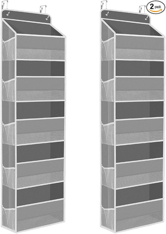 SpaceHacks 2 Pack Over The Door Organizer, Hanging Storage Organizer with Clear Window, 40lb Ultra Sturdy Large Capacity Room Organizer for Pantry Laundry Bathroom Nursery Closet (Grey)