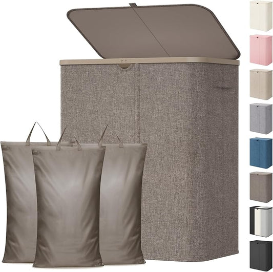 Lifewit 185L 3 Section Laundry Hamper with Lid, Large Laundry Basket with Handles and Removable Bags, Tall Clothes Hamper, Foldable Laundry Sorter for Bedroom Bathroom, Brown