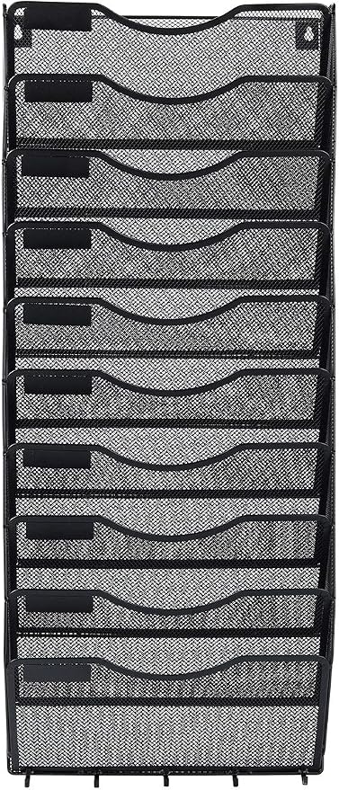 EasyPAG 10 Pocket Mesh Wall File Organizer with Key Hooks, Hanging Paper Folder Holder with Classify Label, Vertical Wall Mount Mail Organizer for Office Home Classroom, Black