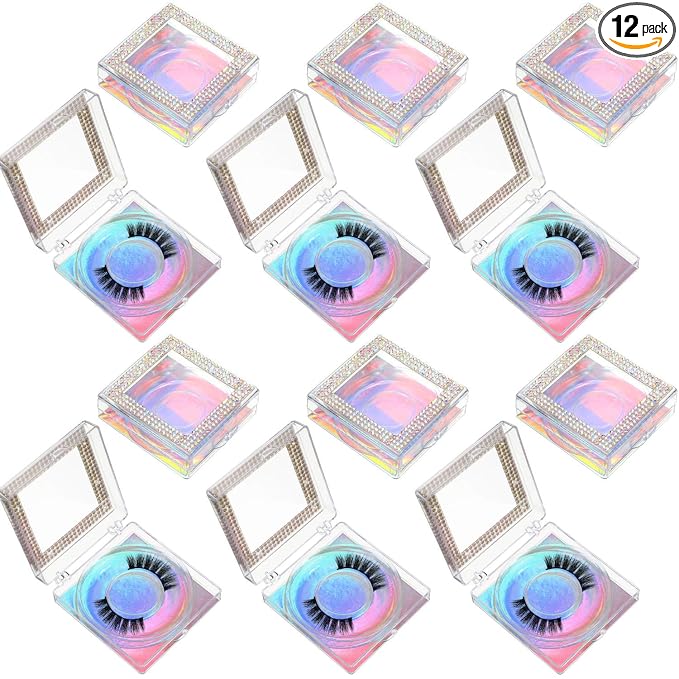 Blulu 12 Pcs Lash Boxes Packaging Empty Bulk Square Glitter 3D False Eyelash Cluster Box Storage Case Rhinestone Lash Organizer Container with Glitter Paper Clear Tray for Women Cosmetic(Holographic)