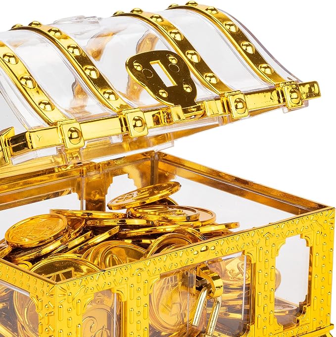 Pirate Treasure Chest for Kids Toy, Decorative Transparent Golden Pirate Chest with Lock and Key