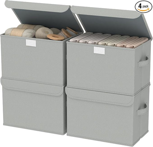 Foldable Storage Bins, Closet Boxes, 4 Pack, Grey, 13x9x7.9 In | Cube Organizer Basket with Flip-Top Lid and 2 Handles, Decorative Boxes for Shelves with Cover for Clothes, Towels, Blanket