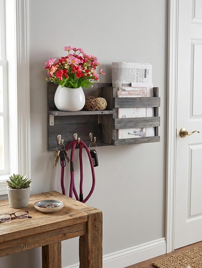 Wall-Mounted Key Holder Hooks - Rustic Wood Weathered Grey & Black - Entryway Organizer for Mail, Leashes, and Purses - Floating Shelf, 16.5” W x 9.75" H x 4.5” D