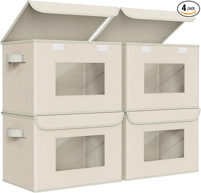 Univivi Collapsible Stackable Storage Bins with Lids [4-Pack] Foldable Fabric Closet Organizer Basket, Closet Organizers and Storage Cube Storage Bin for Home, Office, Bedroom (Beige, 17“ x 12” x 12")