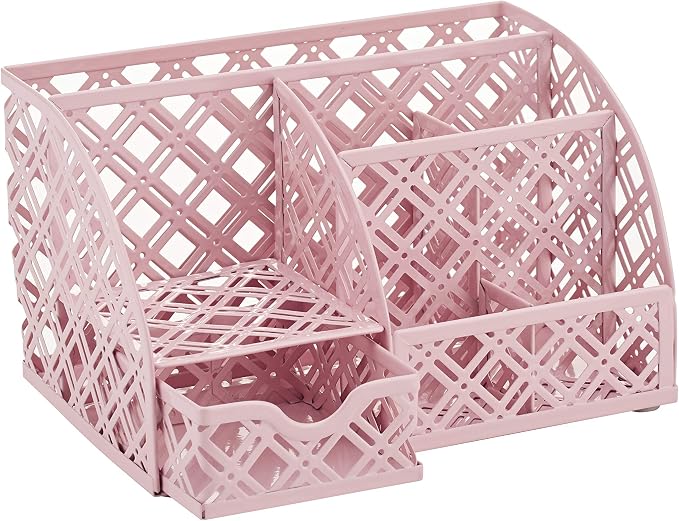 Exerz Desk Organizer Light Pink Office Desk Accessories Supplies Office Storage Desktop Pencil Pen Holder with Drawer Home Workspace