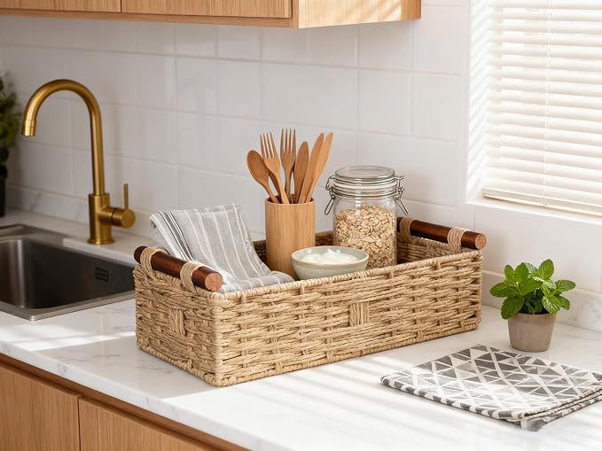 Woven Bathroom Basket with Wood Handles — Toilet Paper Storage Organizer, Back of Toilet Basket, Natural Wicker Basket for Tank Top, Countertop or Shelf