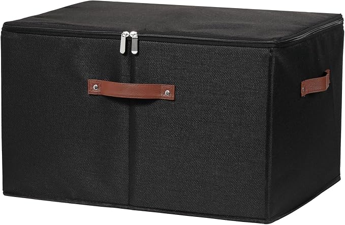 Storage Bins with Zipper Lid Cotton Linen Fabric Lidded Storage Baskets Boxes Foldable Washable Closet Shelf Clothes Organizer Container with PU Leather Handles (Black, Jumbo Size)
