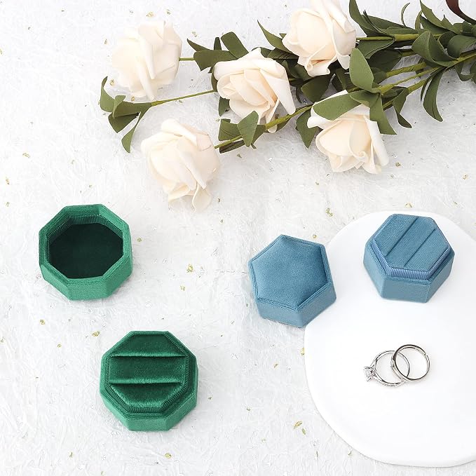 DesignSter Hexagon Velvet Ring Bearer Box - Premium Gorgeous Vintage Double Ring Display Holder with Detachable Lid for Proposal, Engagement, Wedding, Ceremony (Dark Blue)