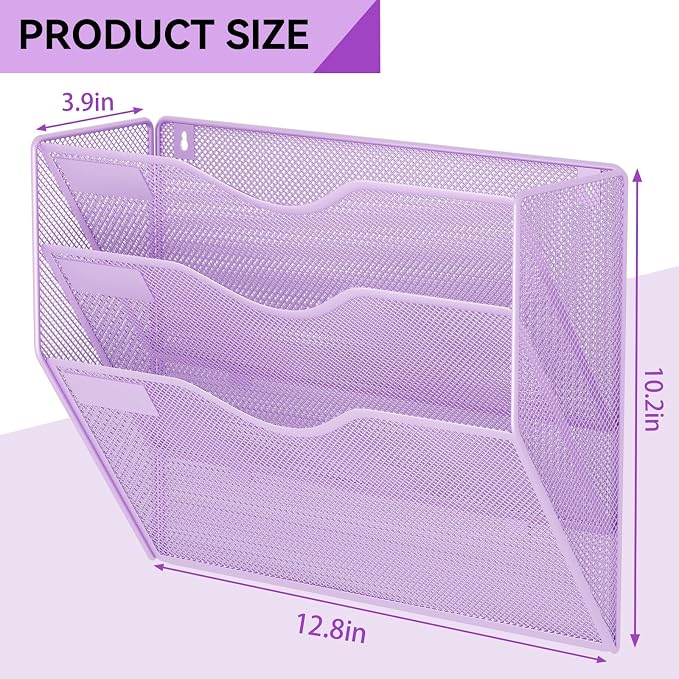 3 Pockets Hanging Wall File Organizer Mail Holder, Wall Mounted Paper Document Folder Holder, Clipboard Storage Organization Magazine Rack, Light Purple