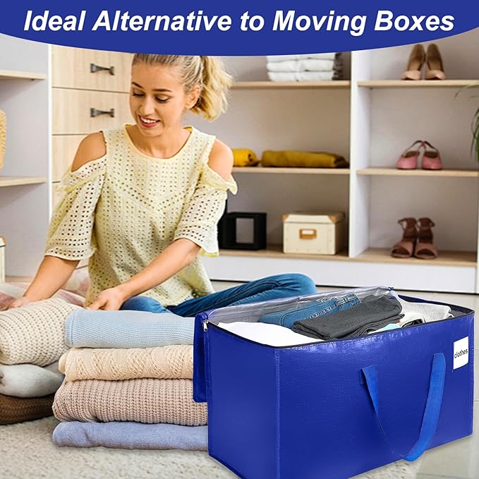 4 Pack XL Heavy Duty Moving Bags with Reinforced Stitching & Smooth Dual Zippers, Large Capacity Storage Totes for Clothes, Closet, Travel & Home Organization, Blue