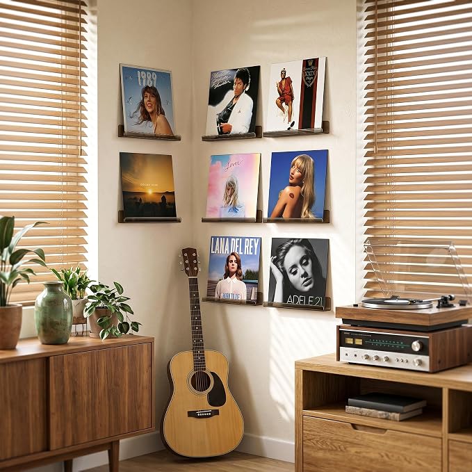 Vinyl Record Wall Mount Shelves, 12 inch Vinyl Holder, 8 Pack, Black | Acrylic Floating Shelves for Album Record Storage Display, Wall Decor, Magazine Rack, Kids Bookshelf, Picture Ledge