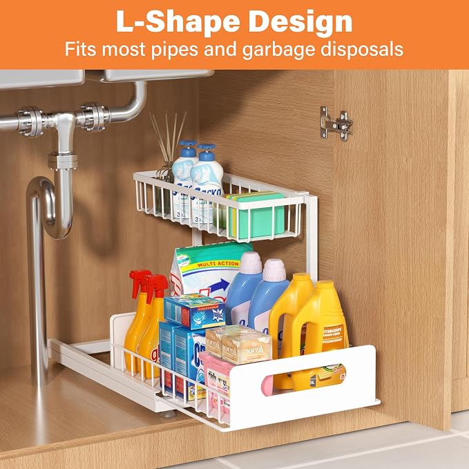 Under Sink Organizer 2 Tier, Pull Out Drawer Slides Under Sink Storage for Bathroom Kitchen,Multi-Purpose Drawer Under Cabinet Organizer for Cleaning Supplies (White, 2 Pack)