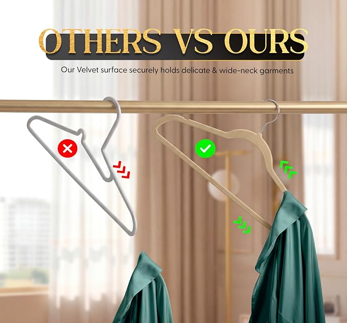 Beddora Velvet Hangers 50-Pack,Beige Non-Slip Slim Space-Saving Closet Organizer, Suit & Coat Hangers, Heavy-Duty, 360° Swivel Hook