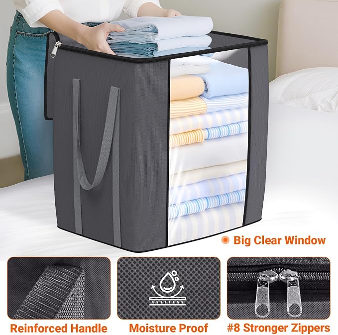 TasticTotes 120L Extra Large Clothes Storage Bags, Foldable Blanket Storage and Organization, Thick Fabric Containers with Reinforced Handles & Zippers for Clothing, Comforters, Bedding, Gray, 4 Pack