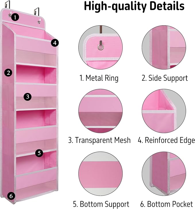 Giraffe Creation Compact Pink Over Door Organizer with 4 Large Clear Pockets, Compact Hanging Door Storage for Nursery, Bedroom, Bathroom, Closet, Baby Essentials