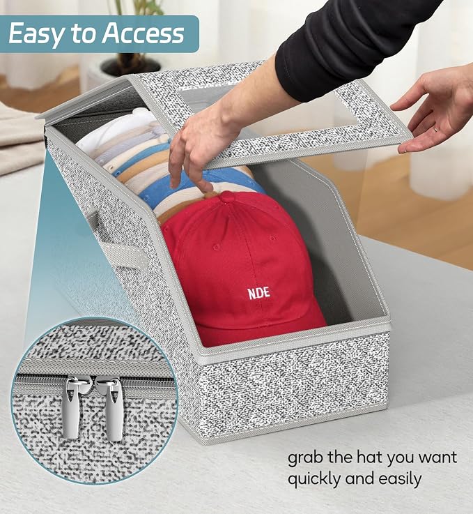 AOODA 3 PCS Stackable Hat Storage for Baseball Caps, Holds up to 36 Caps Cap Organizer for Closet, Sturdy Hat Boxes for Men with Cardboard, Grey