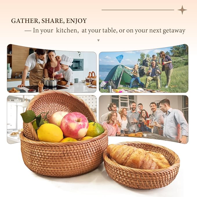 Rattan Fruit Basket for Kitchen Counter, Natural Wicker Bread Basket for Serving, Hand Woven Food Baskets, Decorative Bread Baskets for Serving, Fruits, Snacks, Candies, Nuts, Keys, Etc.(Round-Combo)