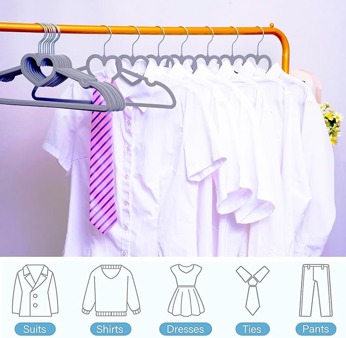 Velvet Hangers 50 Pack,16 Inch Non Slip Adult Heart Hanger (Grey) | 360° Swivel Hooks, Cascade Design, Space Saving