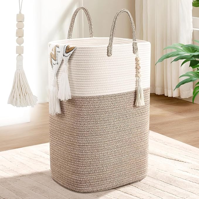 Woven Laundry Basket for Clothes, 80L Large Rectangle Laundry Hampers with Beads Tassel, Nursery Storage Basket for Toys, Tall Dirty Clothes Hamper for Bedroom Aesthetic, Laundry Room Organization