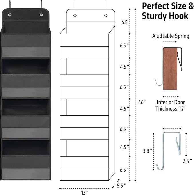 Giraffe Creation Compact Black Over Door Organizer with 4 Large Clear Pockets, Compact Hanging Door Storage for Bathroom, Dorm, Bedroom, Closet, Toiletries