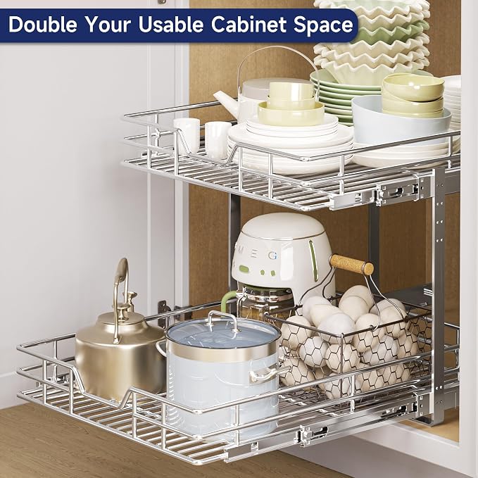2-Tier Pull Out Cabinet Organizer, 22.5" W x 21.5" D, Heavy Duty Dual Slide Out Shelves for Wide Base Cabinets, Chrome Wire Basket Drawer for Pots, Pans, Pantry & Cleaning Supplies