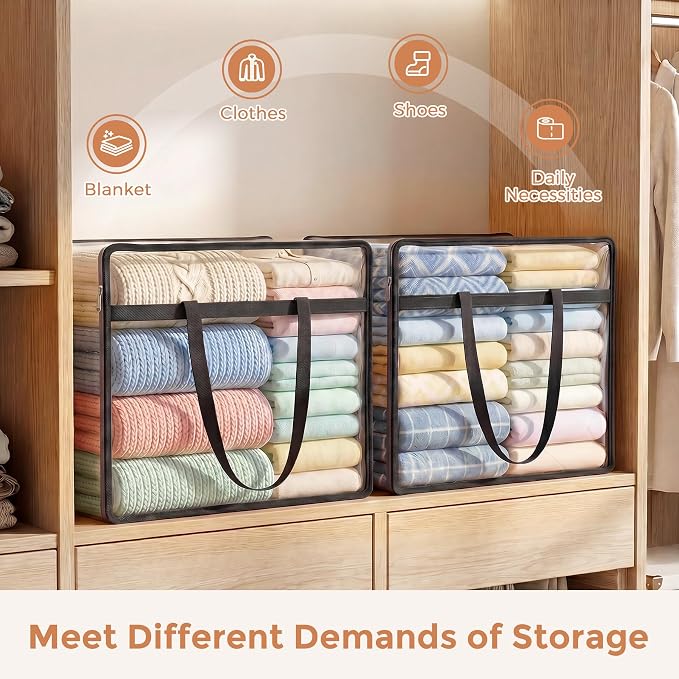 Budding Joy Clear Zippered Storage Bags for Clothes,40L Closet Organizers and Storage Containers Vinyl Moving Bag for Bedding, Linen, Blankets, Comforters, Clothing & Toys, Black, 4 Pack
