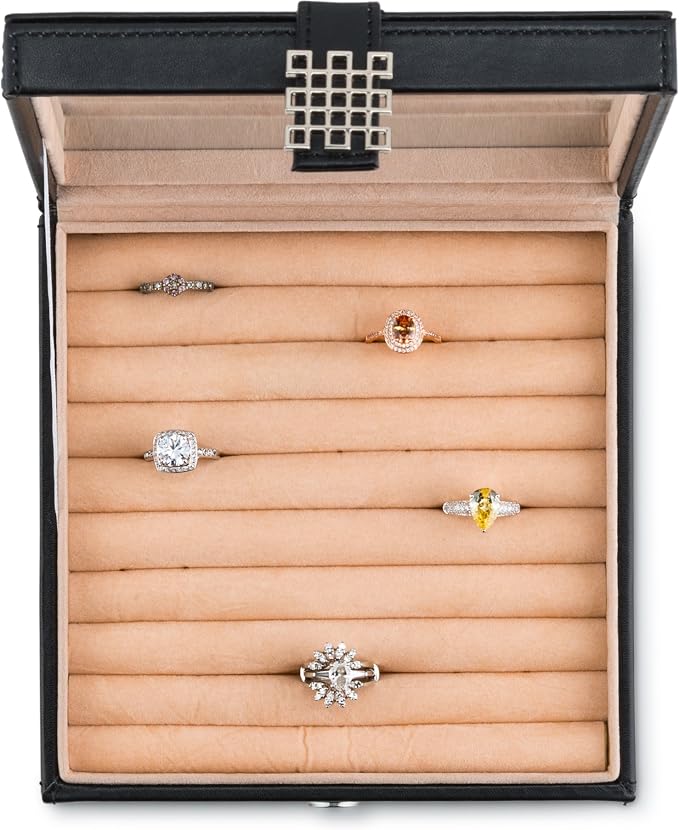 Glenor Co Ring Box Organizer - 54 Slot Classic Jewelry Display Case Holder - Storage Tray with Modern Buckle Closure, Large Mirror - Holds Rings and Cufflinks - Small for Travel - PU Leather - Black