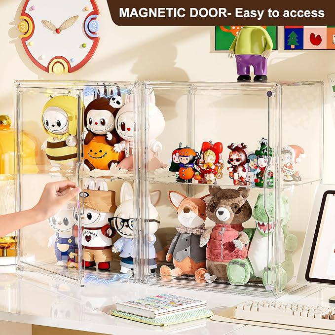 Acrylic Clear Display Case, Stackable Plastic Storage Bins with Shelf, Figure Figurine Hobby Display Case with Magnetic Lid, Large Acrylic Display Box for Collectibles, Figures, 1 Pack